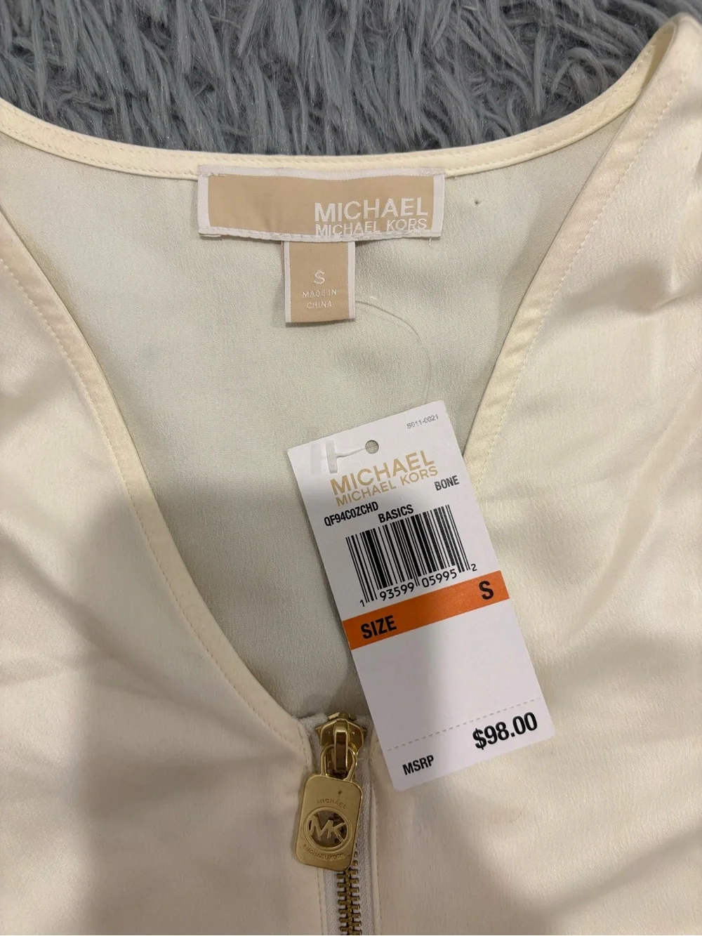 NEW Michael Kors Womens Small Bone White Satin Zip Front Blouse Minimalist Glam